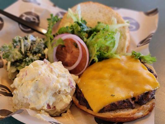 Burger, slaw & potato salad. Filling!