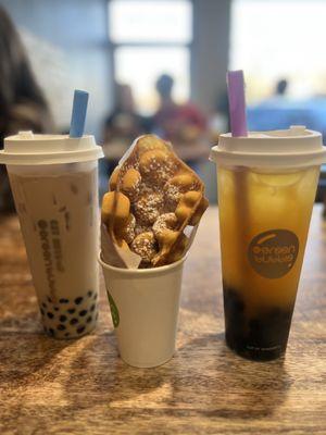 Caramel Milk Tea, Plain Egg Puff, Passion Lemon Tea