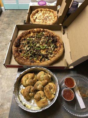 Cheesebread, Garlic Knots, Philly Steak Pizza