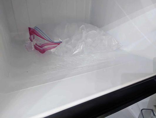 The ice in the freezer they put in there without even closing the bag. My fiance didn't ask them to put ice in there either.