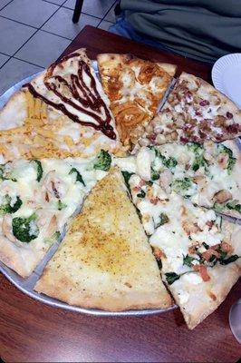 Crab pizza, Chicken and Broccoli Alfredo pizza, baked ziti pizza, barbecue pizza, buffalo calamari pizza, bacon and chicken ranch pizza ..