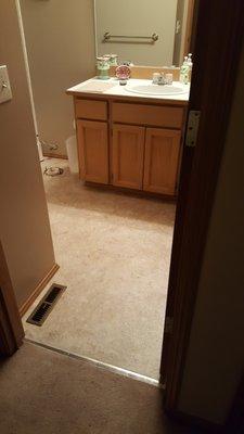 Installed new subfloor and vinyl sheet in bathroom that had water damage.