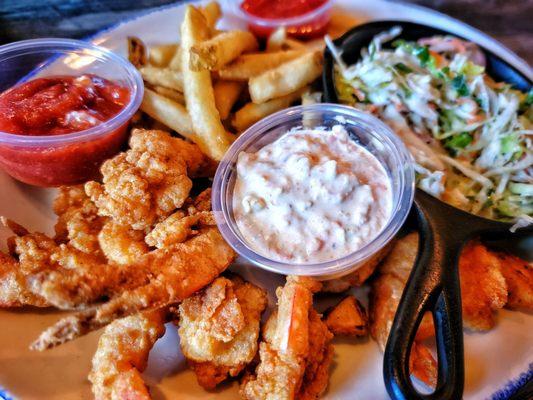 Succulent Large Fried Shrimp, fresh coleslaw and perfect sauces.