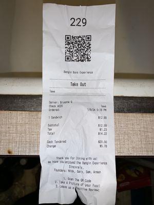 Tender sandwich receipt