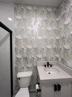 Jelly Fish Wallpaper Installation in a bathroom