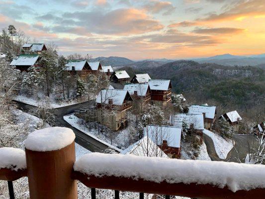 Sunrise, cabins, snow, mountains, balcony