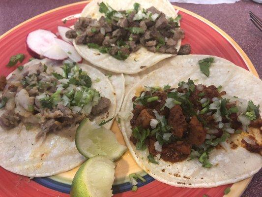 Carnitas, Asada, and Al Pastor tacos