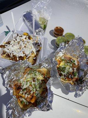 Al pastor burrito, Al pastor fries & al pastor tacos