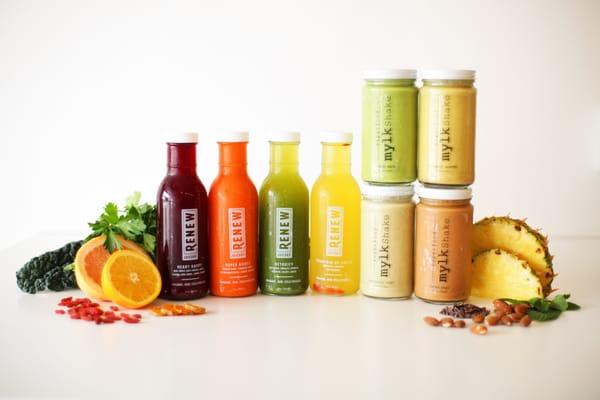 Raw organic cold-pressed juices and superfood mylkshakes