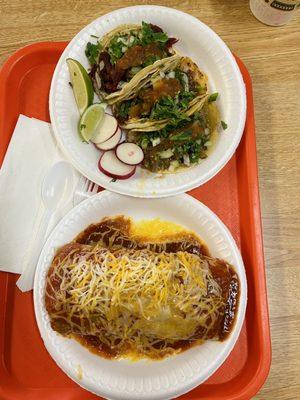 Wet burrito w/ pastor & tacos: chile verde, birria, & pastor