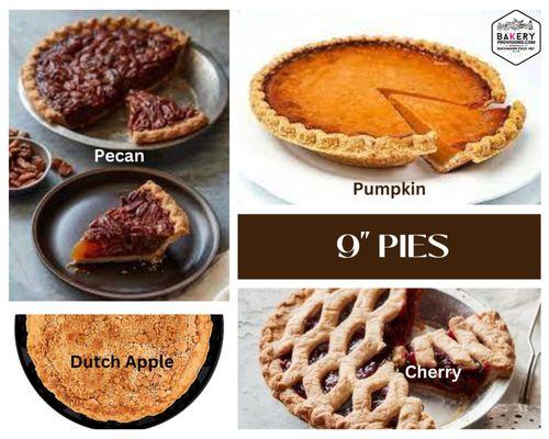 Pies are stocked at Buchmann Bakery Supplies. Pecan, Pumpkin, Dutch Apple and Cherry 9" pies, pre-baked frozen, packed in domes.