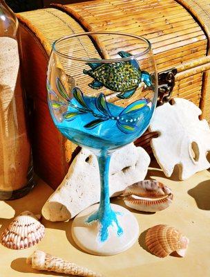 art mixer sea turtle wine glass painting