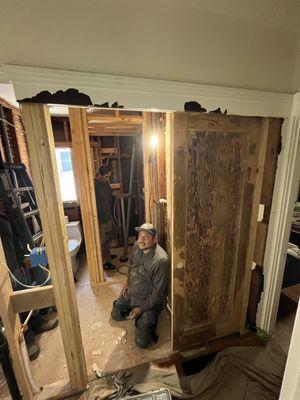 The bathroom -- new layout & pocket door.