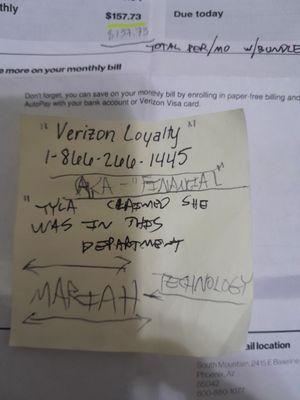 Note written my Verizon store rep. with false#/department