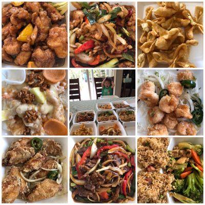 Chicken wings, Mongolian beef, honey walnut shrimps, salted peppered shrimps, fried cheese wontons, orange chicken, broccoli beef.