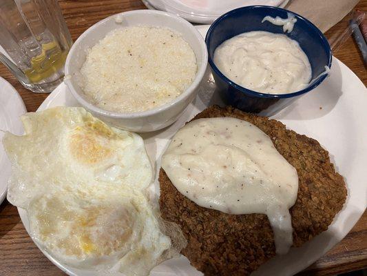 Grandpa's Country Fried Breakfast (Country Fried Steak, eggs over medium, Coarse Ground Grits, Sawmill Gravy.