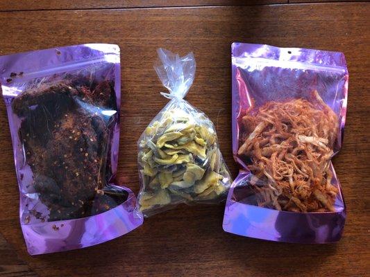 Spicy curry beef jerky, dried guava, squid jerky