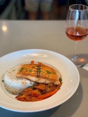 Salmon with side of veggie stew and rice