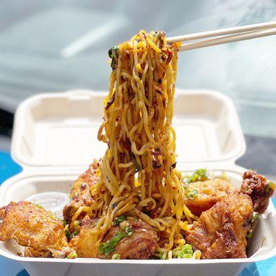 Lollipop wings with garlic noodles