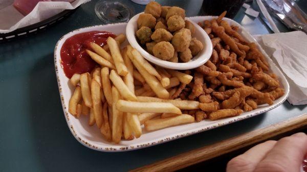 Fried clam strips, fries,  and fried okra