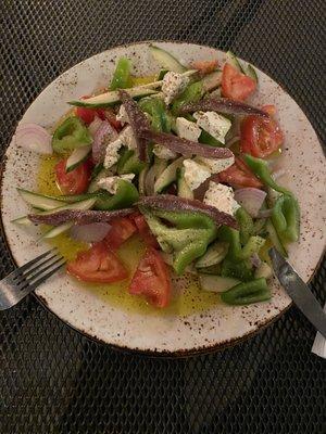 Greek salad: All fresh ingerdients
  Our Mediterranean roots shine here
 This is whatt they would eat on a Greek Island