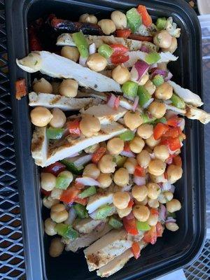 Grilled chicken and veggies with chick pea salad, very good and filling!