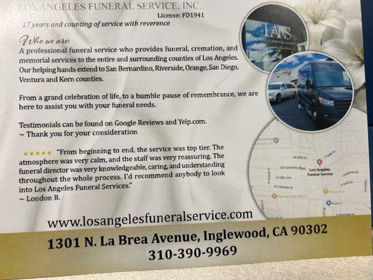 List of services from  Los Angeles Funeral Service.