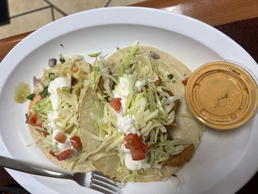 One fish and one shrimp taco. Yum