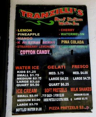 Menu of all they sell