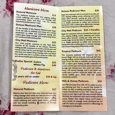 Manicure and Pedicure Menu