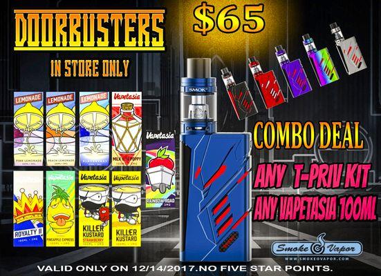 DOOR BUSTER SMOK T-PRIV KIT + VAPETASIA 100ML AVAILABLE AT ALL 7 SMOKEOVAPOR RETAIL LOCATIONS. http://bit.ly/sovDBdec14