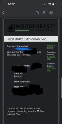 Proof of cancellation for 1 of my 2 cancelled $500 "Send Money" payments