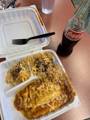 Enchilada, beans, rice