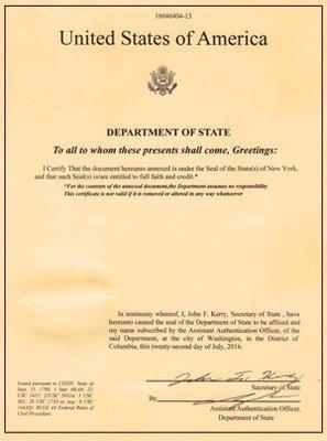 Department of State Authentication of Documents