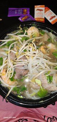 Spicy beef pho with shrimp