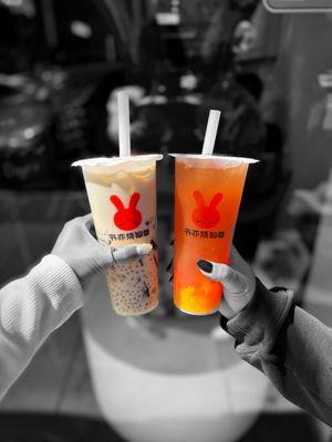 Coconut grass jelly milk tea and peach mango | ig: whaEVAeats