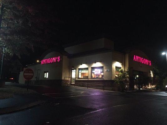 Exterior at night.