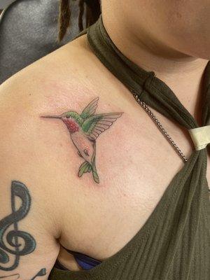 Red/pink/green hummingbird (the one that my grandpa used to watch before he passed)  Right chest/shoulder.