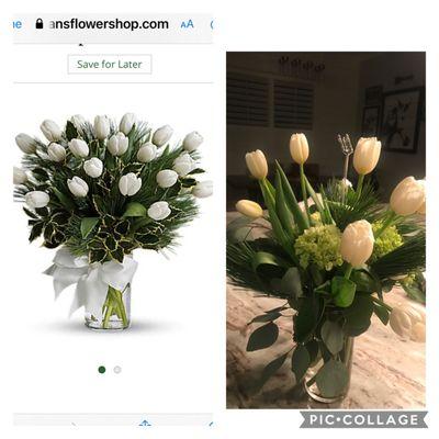 The pic on the left is what was advertised. The pic on the right was the arrangement delivered. This was a $100.00 arrangement.