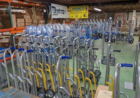 A picture of all the hand trucks we have in our warehouse.