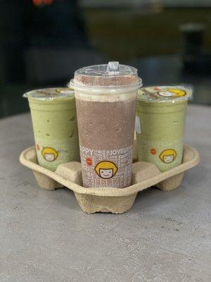 Two F4. Avocado Matcha Smoothies and A3. Chocolate Salted Cheese Smoothie