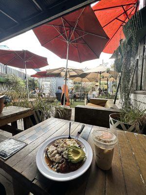 Juevos rancheros with avo + iced vanilla latte