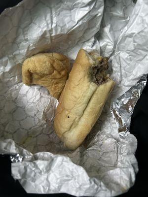 It's literally the size of a hotdog roll. Extremely small, tasteless, dry. The WORST attempt at a cheesesteak ever!!!