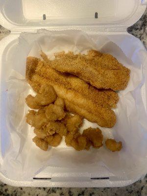 2 Pieces Catfish Filet, 1/2 lb. Popcorn Shrimp