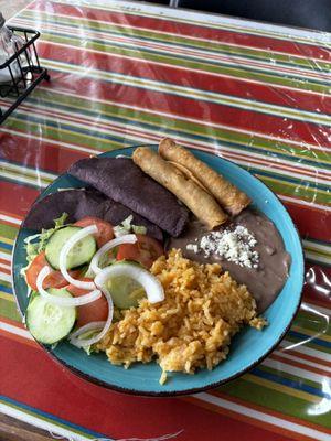 "Quesadilla & Flauta special" our Lunch special with 2 quesadillas made out of blue maíz and 2 chicken flautas