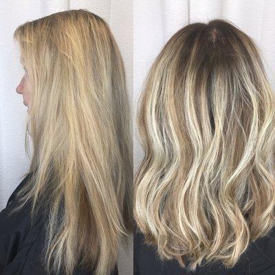 Before and after. Old hi light to modern balayage blonde.