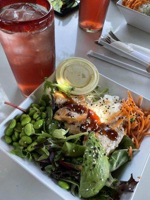 Salmon bowl: half rice, half mixed greens with ginger wasabi dressing on the side