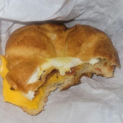 Stale croissant.  One piece of bacon.  Cheese half on and half off.  Look, presentation counts.  Taste counts. Freshness counts.