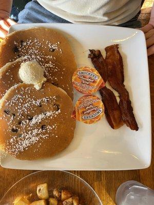 Chocolate chip pancakes + bacon + potatoes