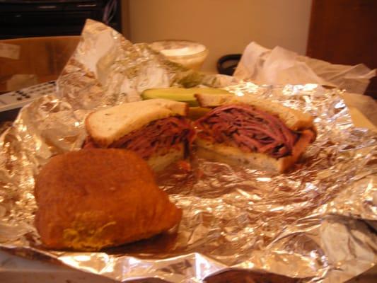 Pastrami on Rye, Knish and Pickles.